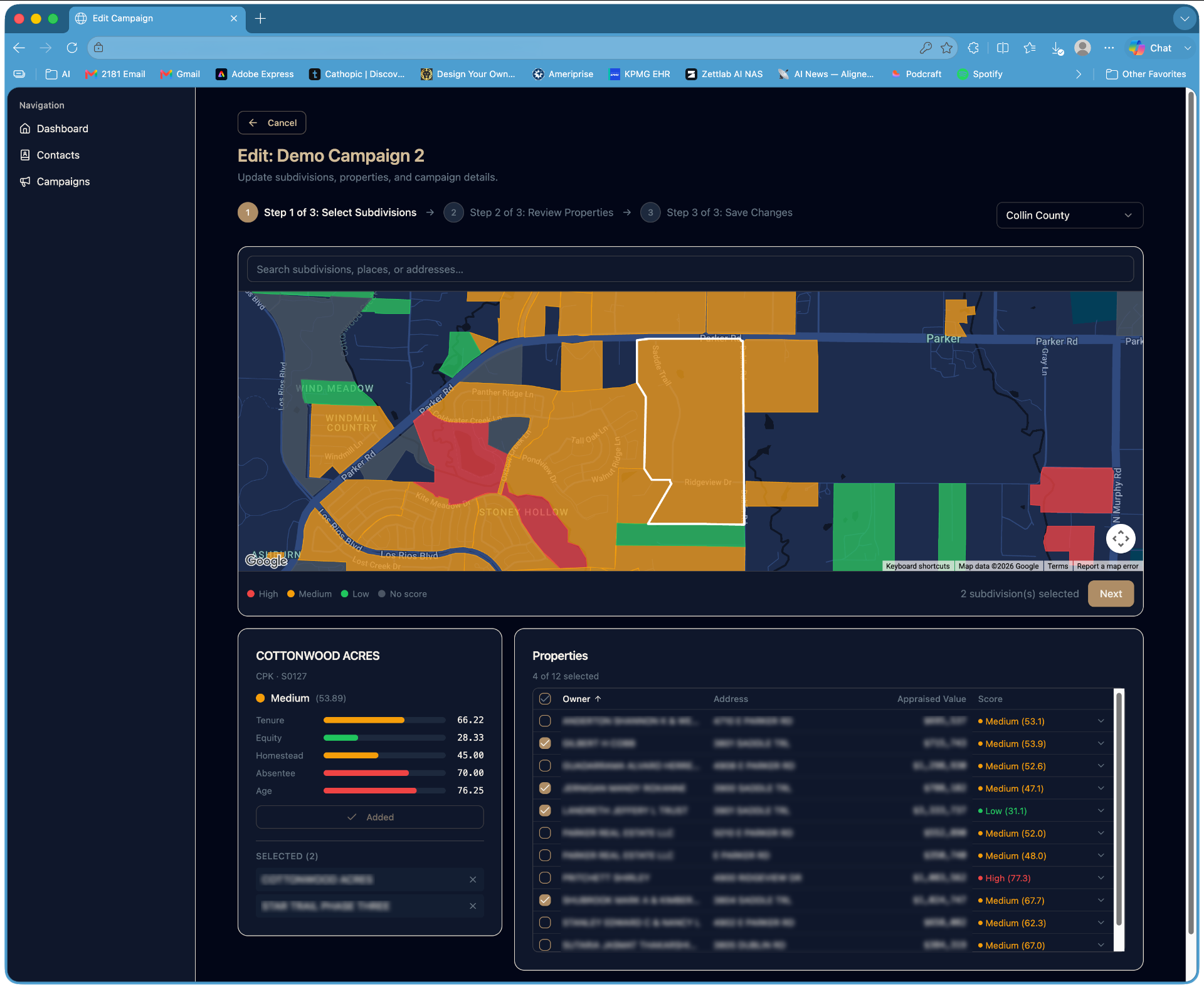 SellerInsite property scoring map across DFW subdivisions